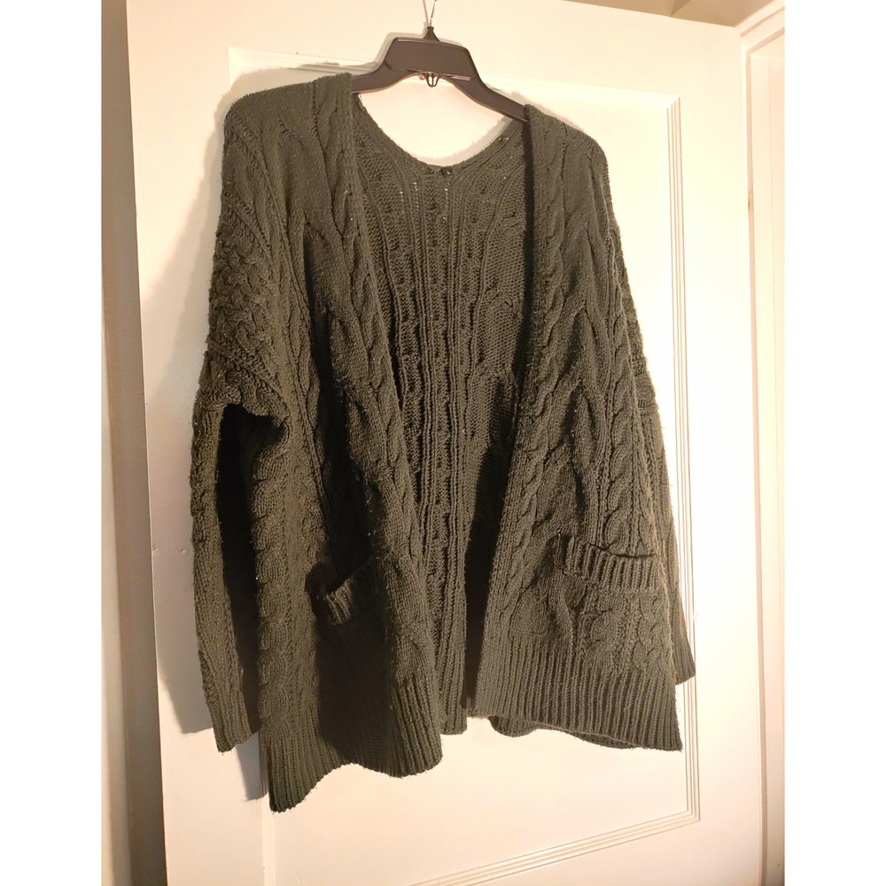 Women's Green Cable Knit Crewneck Pullover Sweater L Oversized Acrylic
